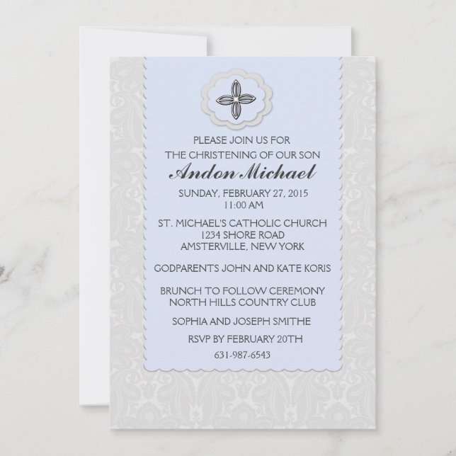 Heavenly Blue Damask Religious Invitation (Front)