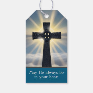 Heavenly Celtic Cross Teal Blue First Communion Gift Tags
