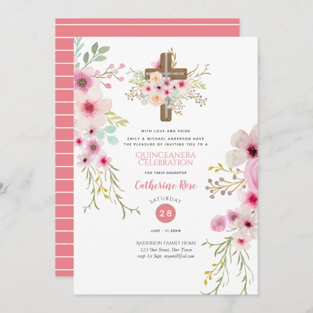 Heavenly Cross Quinceanera Invitation Boho Flowers (Front/Back)