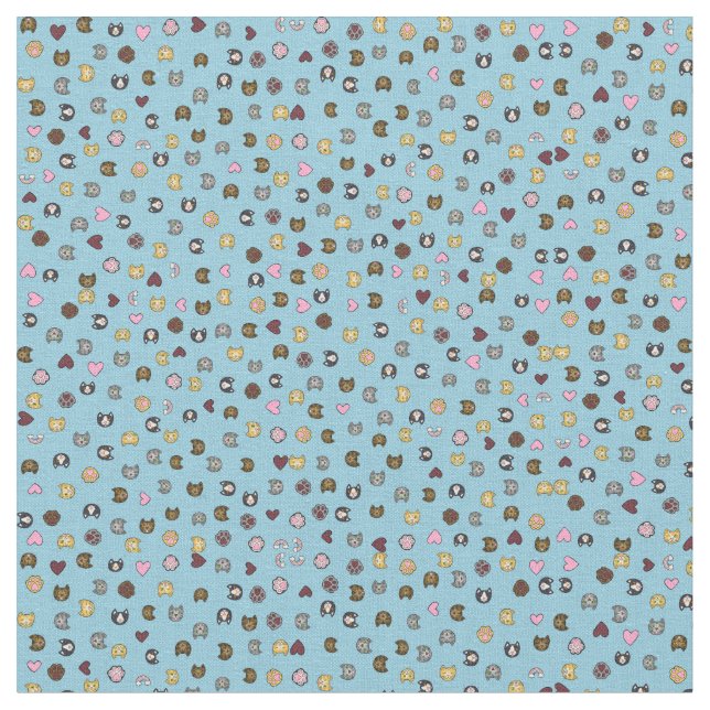 Heavenly Cute Hand Drawn Cat Faces Pattern Fabric (Close Up)