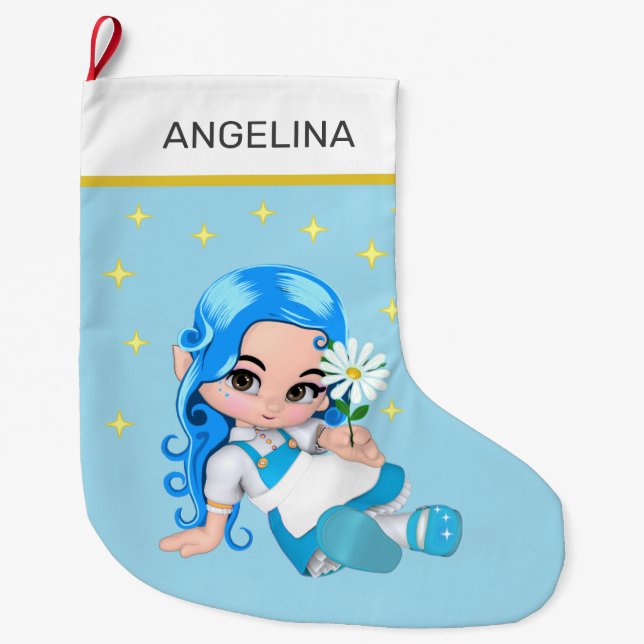 Heavenly Fairy Girl & Stars on Light Blue Large Christmas Stocking (Front)