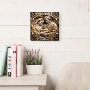 Heavenly Gold Holy Family Carving Square Wall Clock