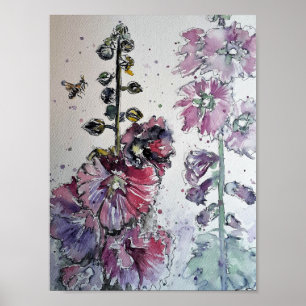 Heavenly Hollyhocks Watercolour Painting Print