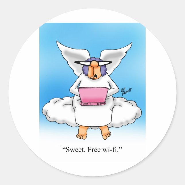 Heavenly Humour Angel Computer Cartoon Gift! Classic Round Sticker (Front)