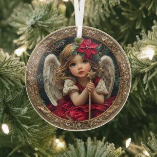 Heavenly Messenger with Star Wand and Poinsettia Glass Tree Decoration