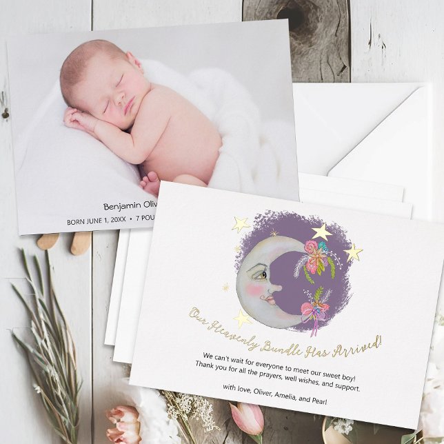 Heavenly Moon Stars Flowers Birth Announcement (Creator Uploaded)