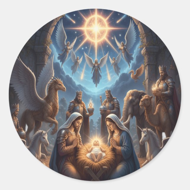 Heavenly Nativity – Mythical Christmas Scene Stic Classic Round Sticker (Front)