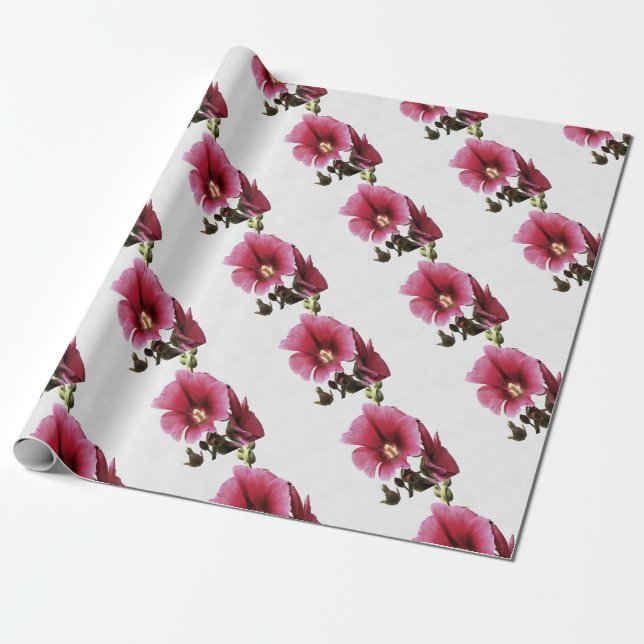Heavenly Pink Hollyhock Malva Flower Floral  Wrapping Paper (Unrolled)