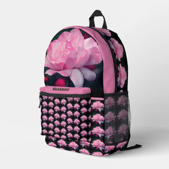 Heavenly Pink Rose Flower Personalised Printed Backpack (Back Corner Right)