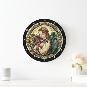 Heavenly Rose Serenade Stained Glass Angel Large Clock