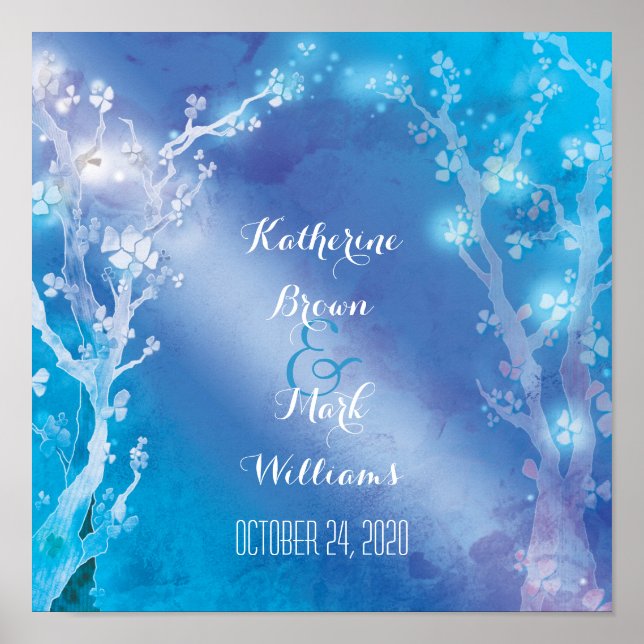 Heavenly Trees Shimmering Blue Wedding Poster (Front)