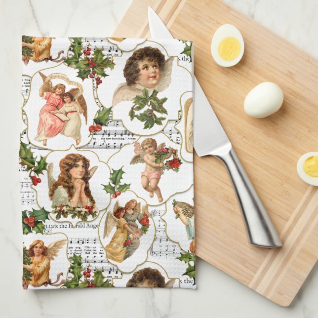 Heavenly Vintage Angels, Holly & Music Collage  Tea Towel (Quarter Fold)