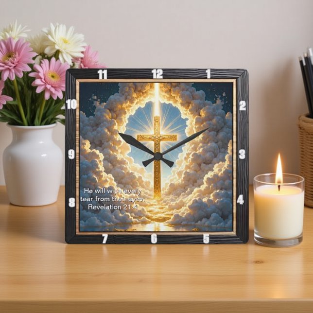 Heaven's Gate Golden Cross Radiant Revelation 21:4 Square Wall Clock (Creator Uploaded)