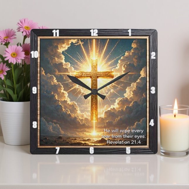 Heaven's Gate Golden Cross Sunset Revelation 21:4 Square Wall Clock (Creator Uploaded)