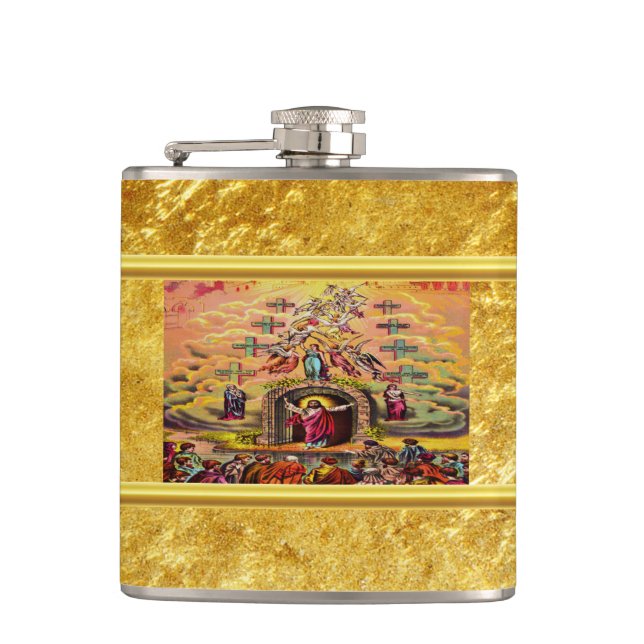 Heaven's Gate with a gold foil texture and Jesus Hip Flask (Front)
