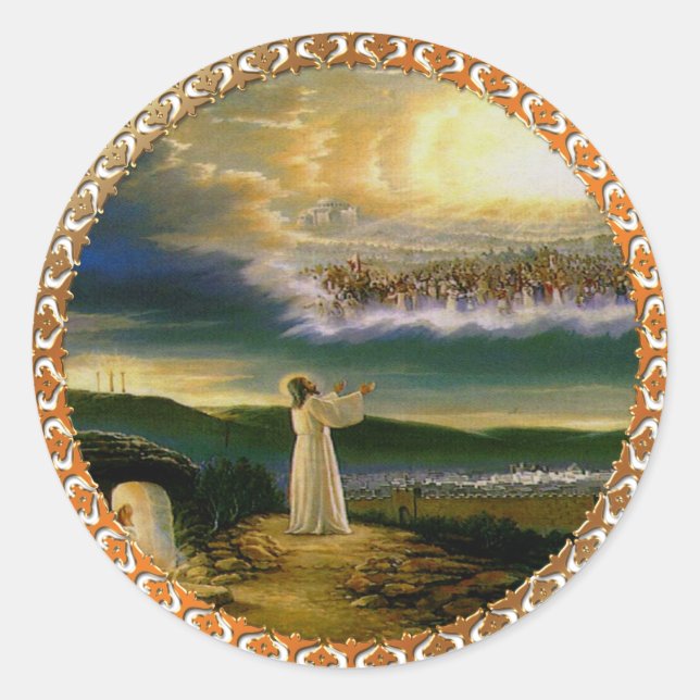 Heavens Welcoming Embrace Jesus at Dusk Classic Round Sticker (Front)