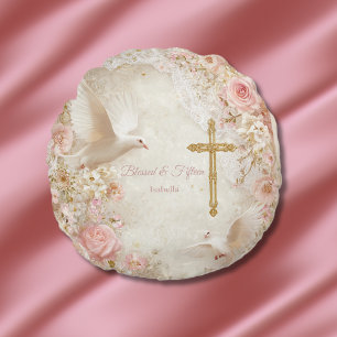 Heaveny Blush & Gold Quince, custom Round Cushion