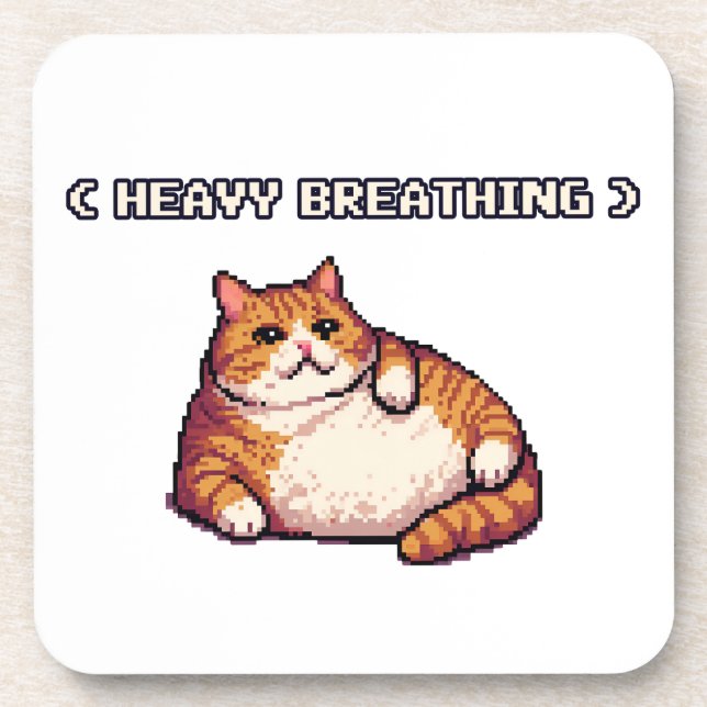 Heavy breathing fat cat meme pixel art coaster (Front)
