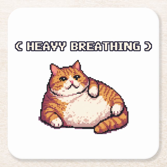 Heavy breathing fat cat meme pixel art square paper coaster (Front)