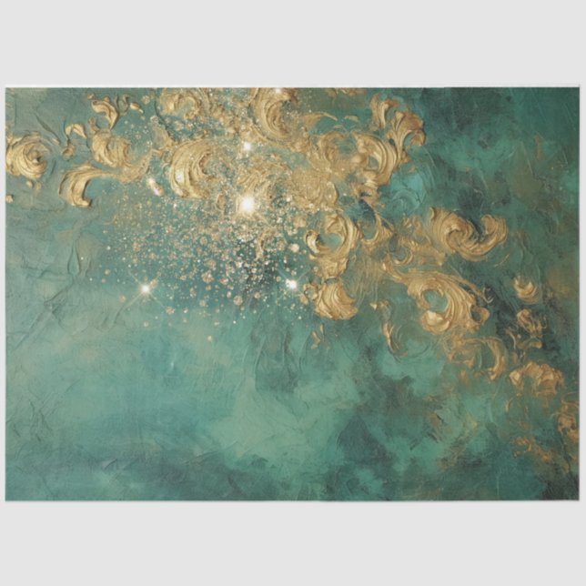 Heavy gold baroque ornament sparkles emerald green tissue paper (Front)