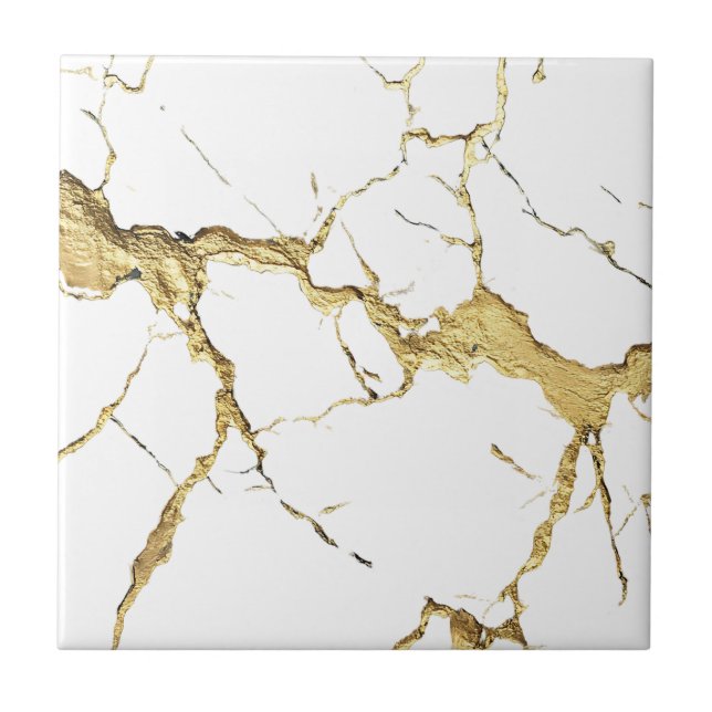 Heavy Gold Foil on White Marble  Ceramic Tile (Front)