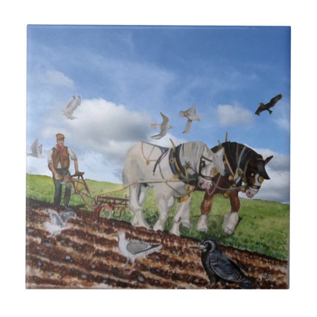 Heavy Horses Ploughing In March Ceramic Tile (Front)