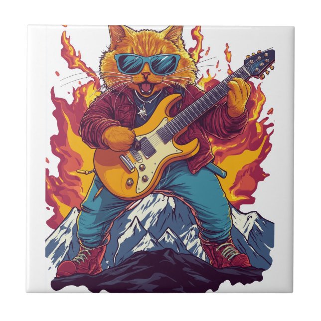 Heavy Meowtal – Rocking Cat Graphic Tee for Music  Ceramic Tile (Front)