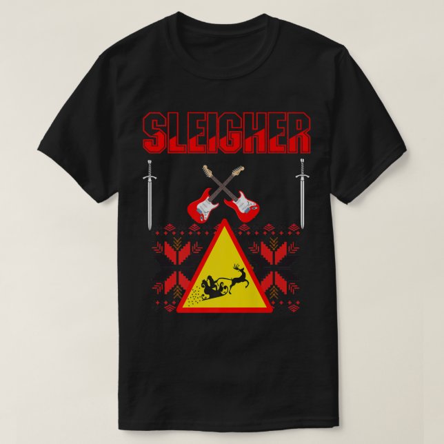 Heavy Metal Christmas Sleigher Guitar Sword Music  T-Shirt (Design Front)