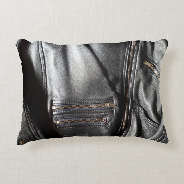 Heavy Metal Faux Leather Black Biker Jacket Photo Decorative Cushion (Front)