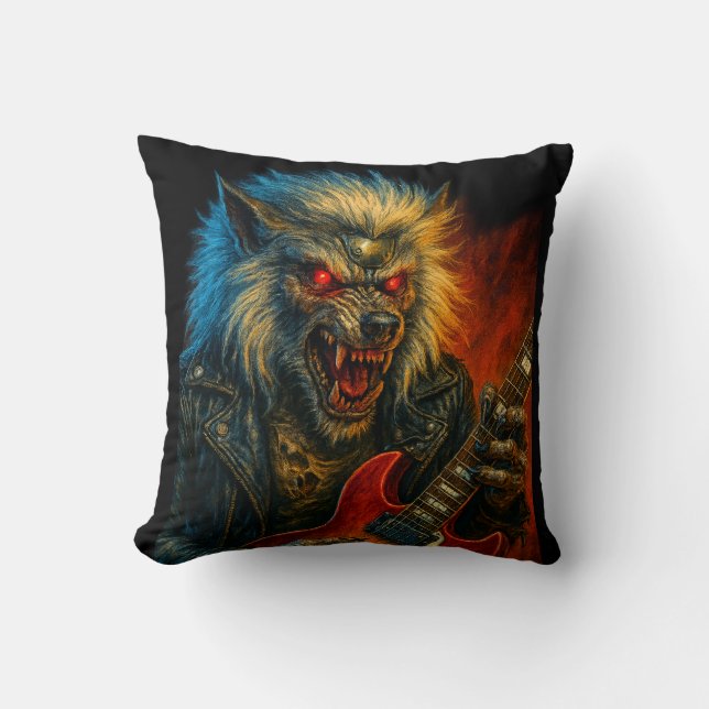 Heavy-Metal Wolve playing Guitar Cushion (Front)