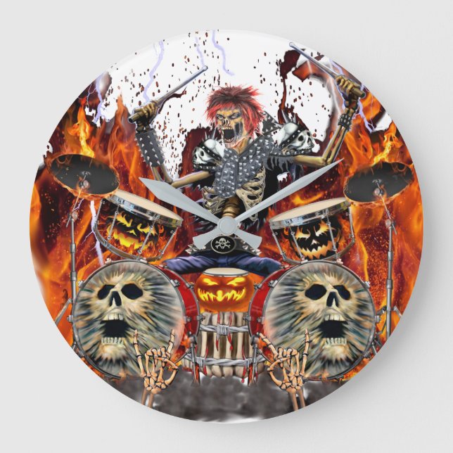 HEAVY METAL ZOMBIE DRUMMER LARGE CLOCK (Front)