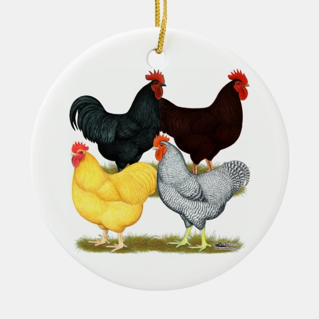 Heavy Rooster Chicken Quartet Ceramic Tree Decoration (Front)
