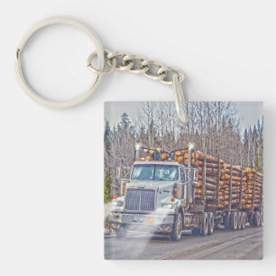 Heavy Transport Logging Truck and Highway Key Ring