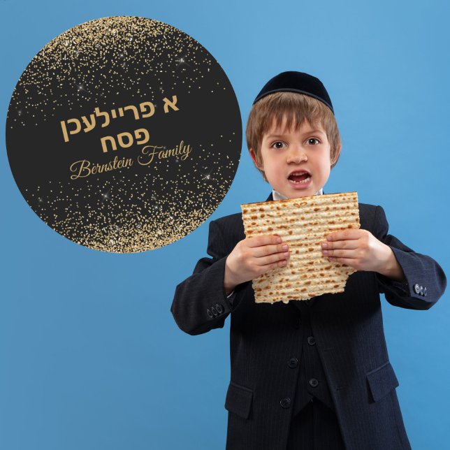 Hebrew A Freilichen Passover Black and Gold  Classic Round Sticker (Creator Uploaded)