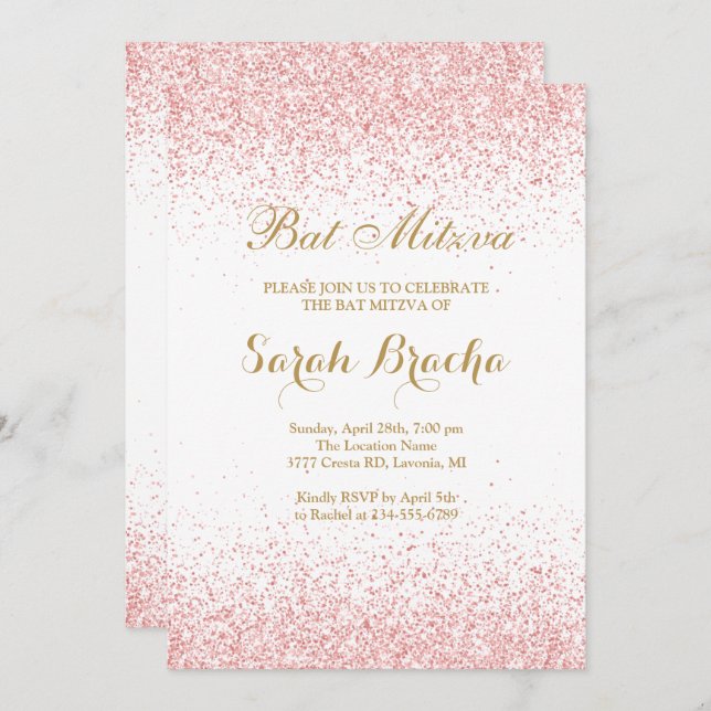 Hebrew and English Bat Miztva Rose Gold Glitter Invitation (Front/Back)