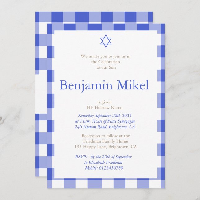Hebrew Baby Boy Naming Ceremony Jewish Blue Invitation (Front/Back)