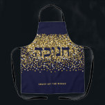 Hebrew Hanukkah Light up Night Gold/Navy Glitter Apron<br><div class="desc">Make the Kitchen Staff smile! Hebrew Hanukkah Light up The Night Gold/Navy Glitter. Gold glitter on navy background is the perfect backdrop for this festive Hanukkah message. Includes the Hebrew word "CHANUKAH" . You can Make this apron your own with your personal message. Text is editable.. For variations on this...</div>