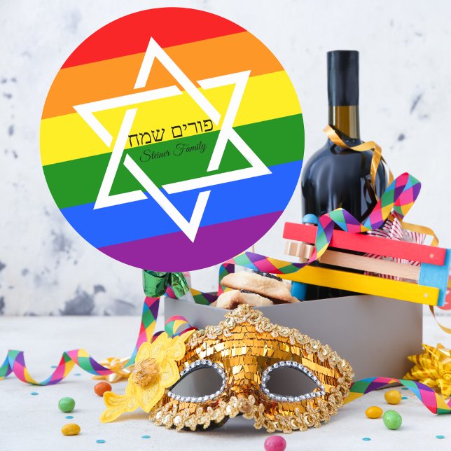 Hebrew Happy Purim Rainbow Flag  Classic Round Sticker (Creator Uploaded)