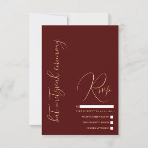 Hebrew Modern Simple Gold Burgundy Red Bat Mitzvah RSVP Card