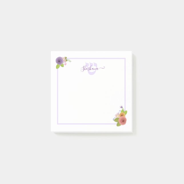 Hebrew Monogram SHIN Personalised Floral Post-it Notes (Front)