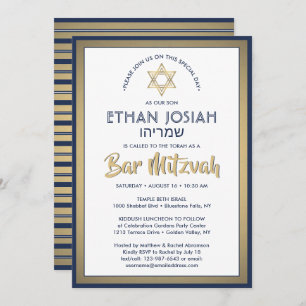 Hebrew Name Bar Mitzvah Elegant Gold White & Navy Invitation