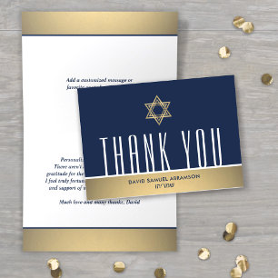 Hebrew Name Bar Mitzvah Modern Navy White & Gold Thank You Card