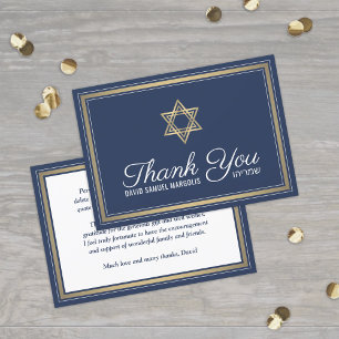 Hebrew Name Bar Mitzvah Navy Blue White and Gold Thank You Card