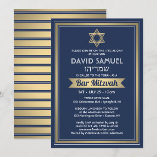 Hebrew Name Bar Mitzvah Navy Blue White & Gold Invitation