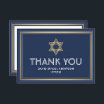 Hebrew Name Bar Mitzvah Star of David Navy & Gold Thank You Card<br><div class="desc">Express gratitude to family and friends for sharing your bar mitzvah celebration with elegant customised thank you cards. All wording is simple to personalise or delete. If you prefer to hand write your message of thanks, simply delete the example text. This navy blue, white and gold template design features English...</div>