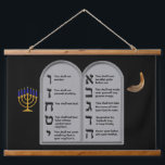 HEBREW NUMBERED TEN COMMANDMENTS HANGING TAPESTRY<br><div class="desc">What a beautiful custom made one of a kind Hebrew Numbered Ten Commandment Tapestry to display on your wall. Set in a all black background, this peice showcases the blue and gold Menorah along with the Shofar, both complimenting the Ten Commandment Tablets, brought to you by Rightside!</div>