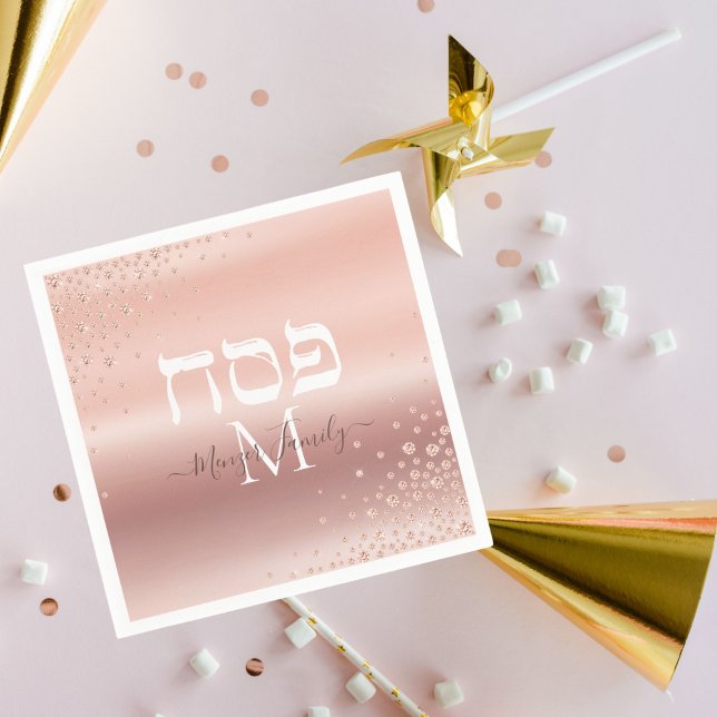 Hebrew Passover Monogram Rose Gold Glitter  Napkin (Creator Uploaded)