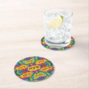 Hebrew Pesach Seder Plate for Passover Dinner Round Paper Coaster