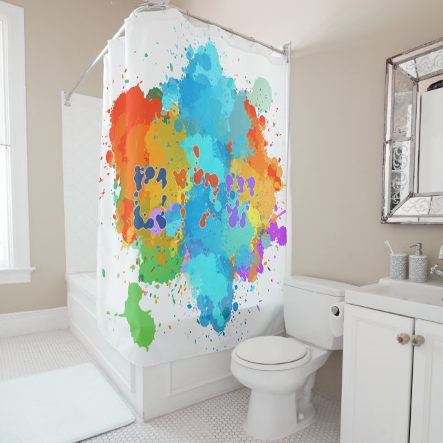 Hebrew "Shalom" with Paint Splashes Background Shower Curtain (In Situ)