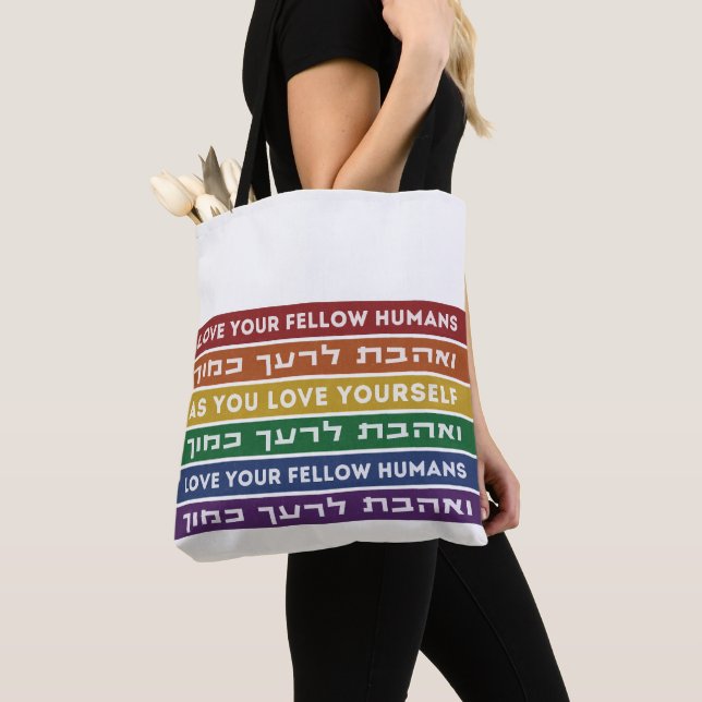 Hebrew Torah Verse Love Your Fellow LGBTQ Rainbow  Tote Bag (Close Up)